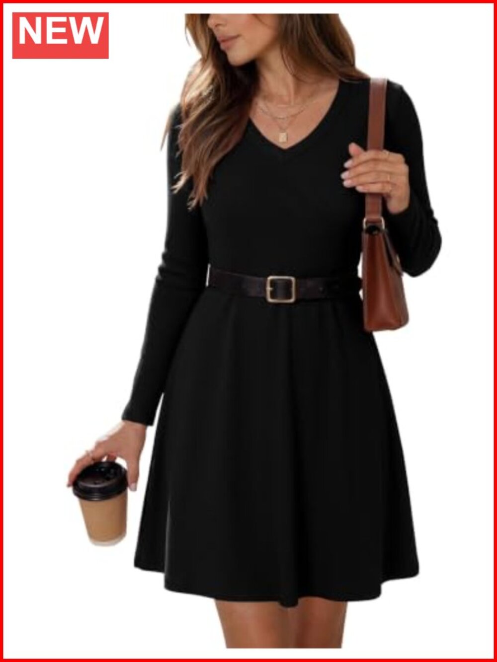 Ribbed Knit V-Neck Long Sleeve Sweater Dress Fit & Flare Mini